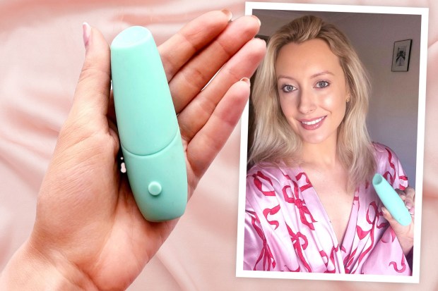 Collage of a woman holding a teal sex toy.