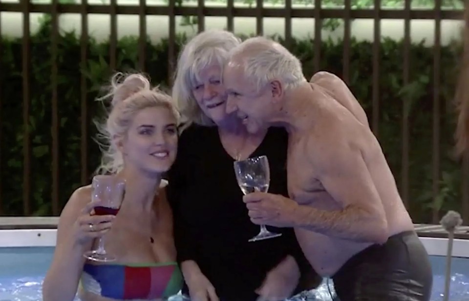 Ann Widdecombe, Ashley James, and Wayne Sleep in a hot tub.