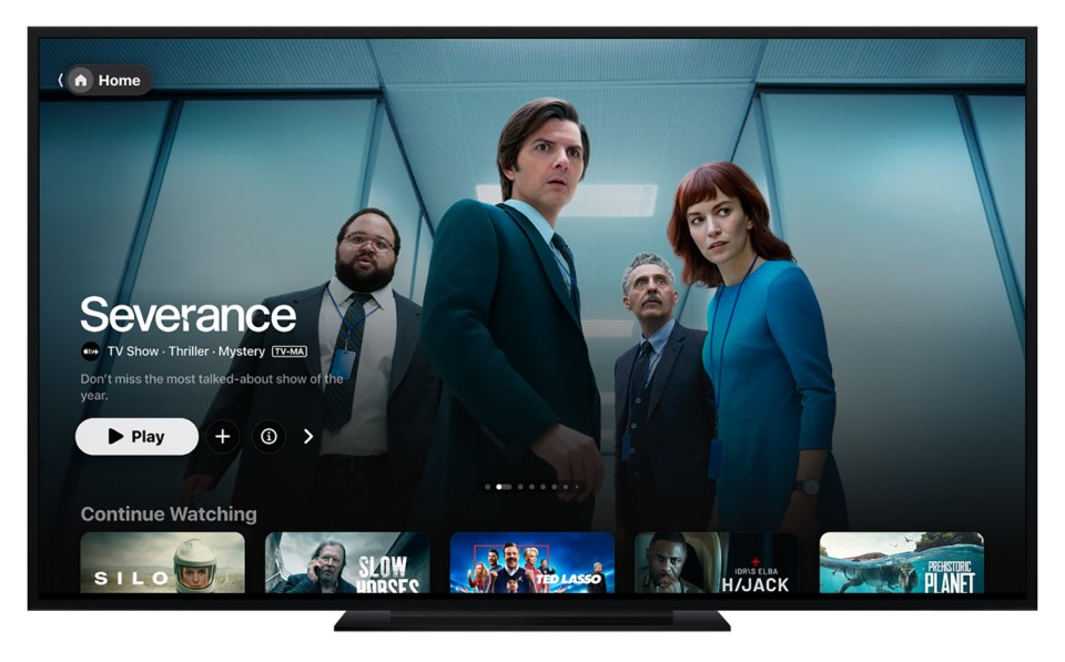 Apple TV screen showing Severance, a thriller mystery TV show, and other shows to continue watching.