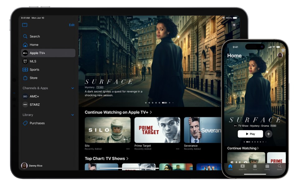 Apple TV+ app interface showing Surface, Silo, Prime Target, and Severance TV shows.