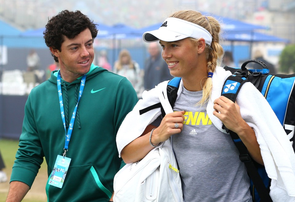 Rory McIlroy and Caroline Wozniacki leaving a tennis court.