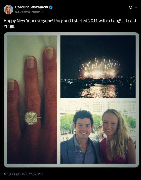 Collage of engagement ring, fireworks, and couple.
