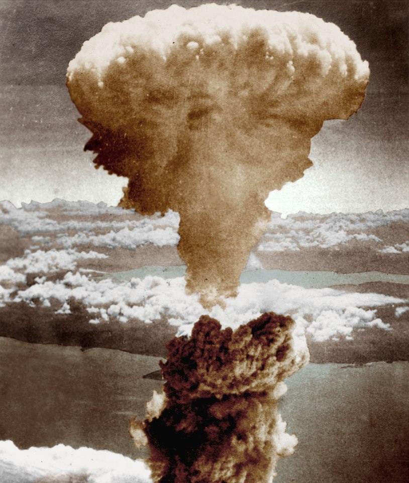 The mushroom cloud of the first atomic bomb over Nagasaki, Japan