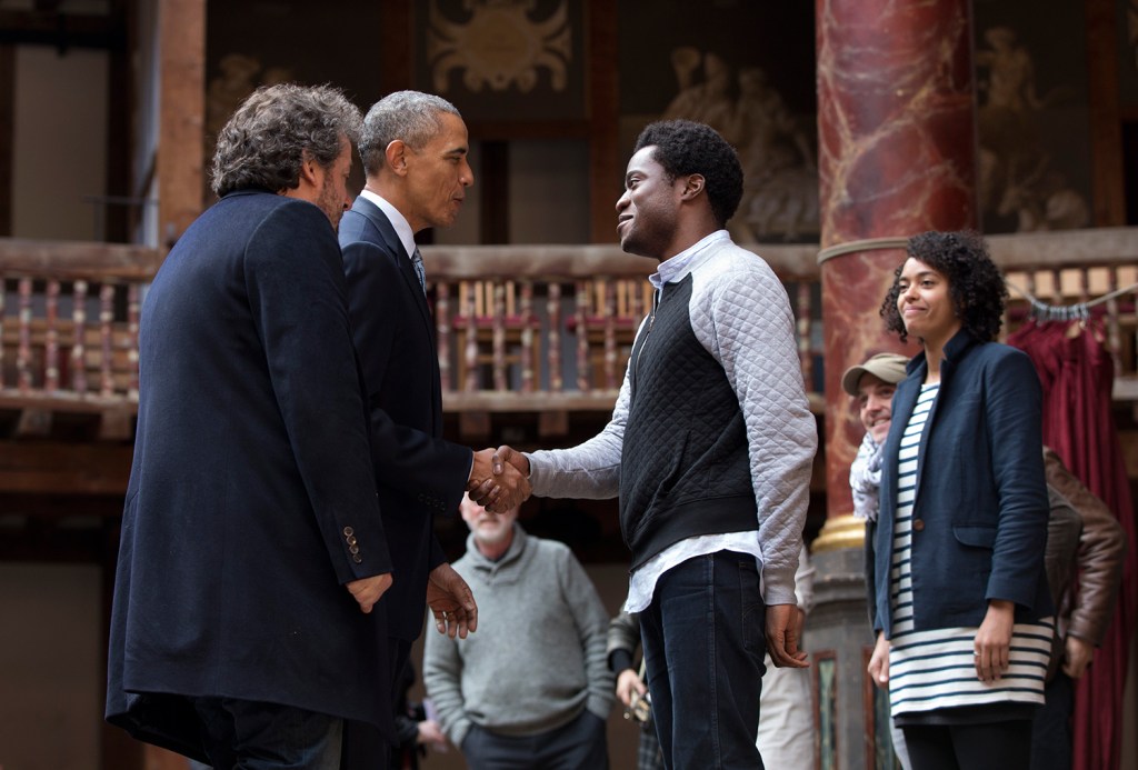 President Barack Obama greeted actors on stage after watching them perform Shakespeare's Hamlet at the Globe