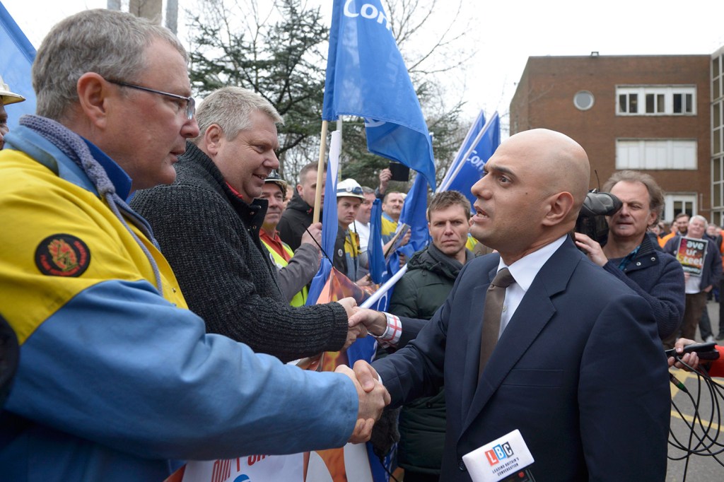 Business Secretary Sajid Javid meeting steelworkers in the midst of the British steel crisis