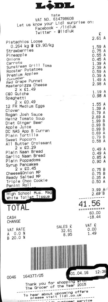 Steve's receipt proving he had shopped in the store