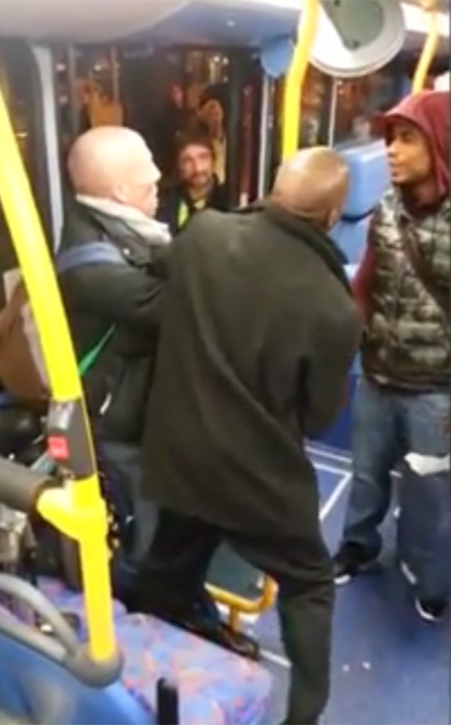 Another black passenger intervenes and calls the white man a racist, while the rest of the bus beg them to break it up