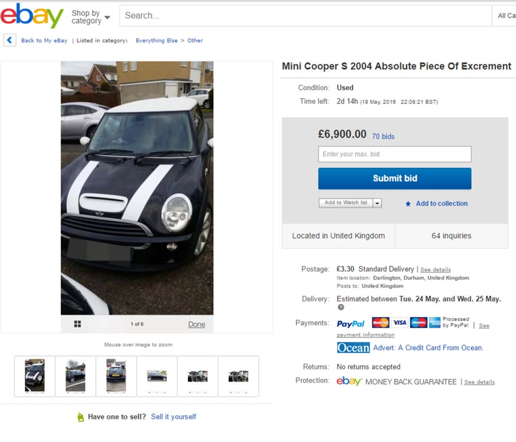 Bidding on Rachel's car has already hit £6,900 despite her desription of it as being an 'absolute piece of excrement'