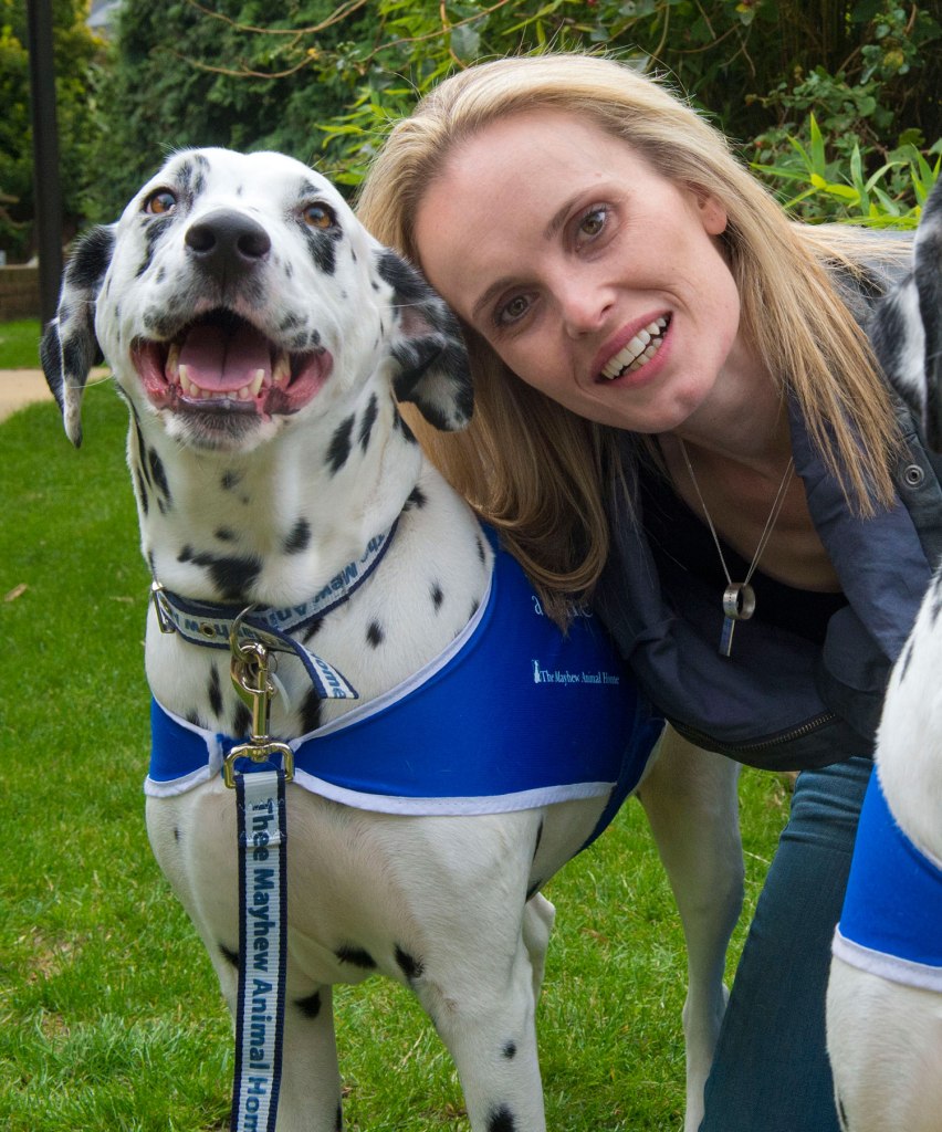 Dog lover . . . beauty enjoys walk with her Dalmatian