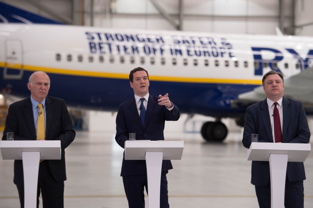 Osborne appeared alongside Ed Balls and Vince Cable yesterday