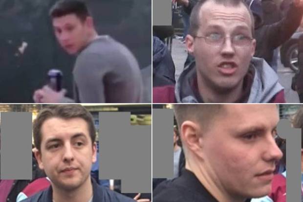Wanted...Police want to know who these men are so they can speak to them in connection with the violent attack on the Man Utd bus on Tuesday night