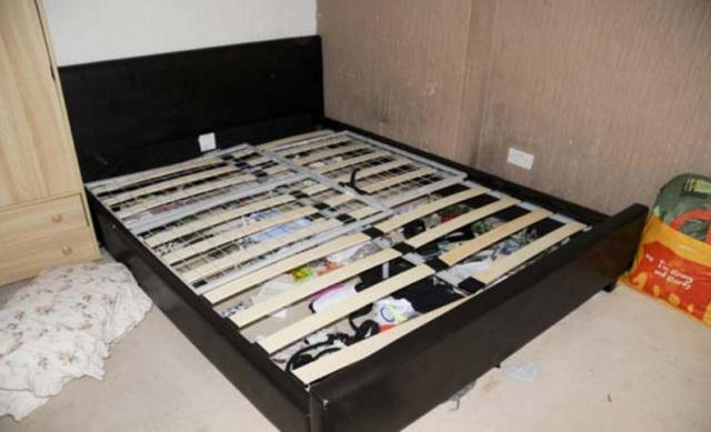 The cage on top of a bed at Liam's house where he suffered horrifying abuse