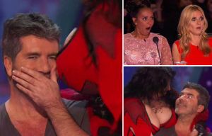 Simon Cowell gets up close and very personal with scantily clad saucy contestant on America's Got Talent