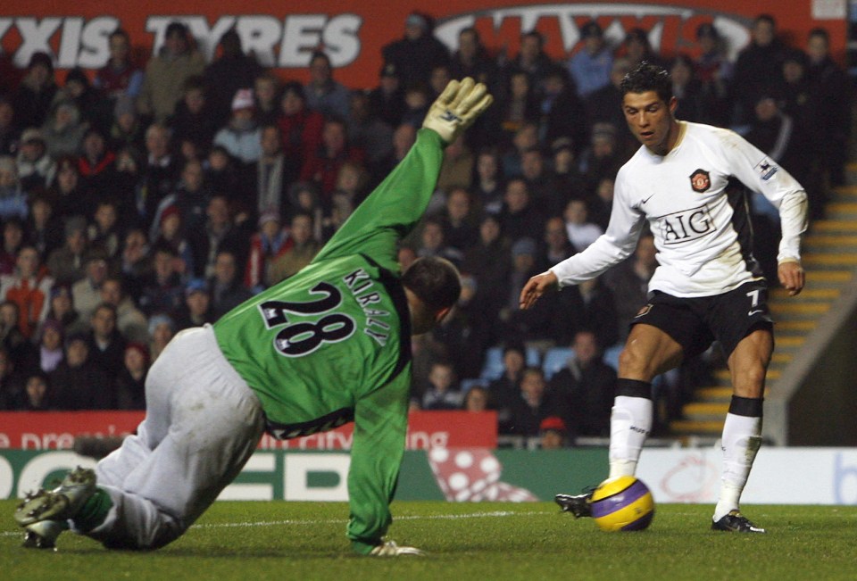 Cristiano Ronaldo slots home past Kiraly during the goalkeeper's stint at Aston Villa 