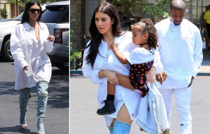 Kim Kardashian wears thigh-high denim boots during a family trip to the cinema