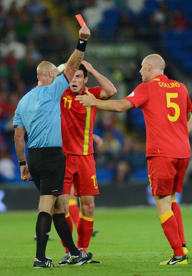 James Collins was sent off at Cardiff City Stadium as Wales were beaten 2-0
