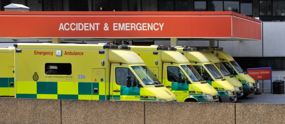 Ambulances at hospital entrance for Accident & Emergency department