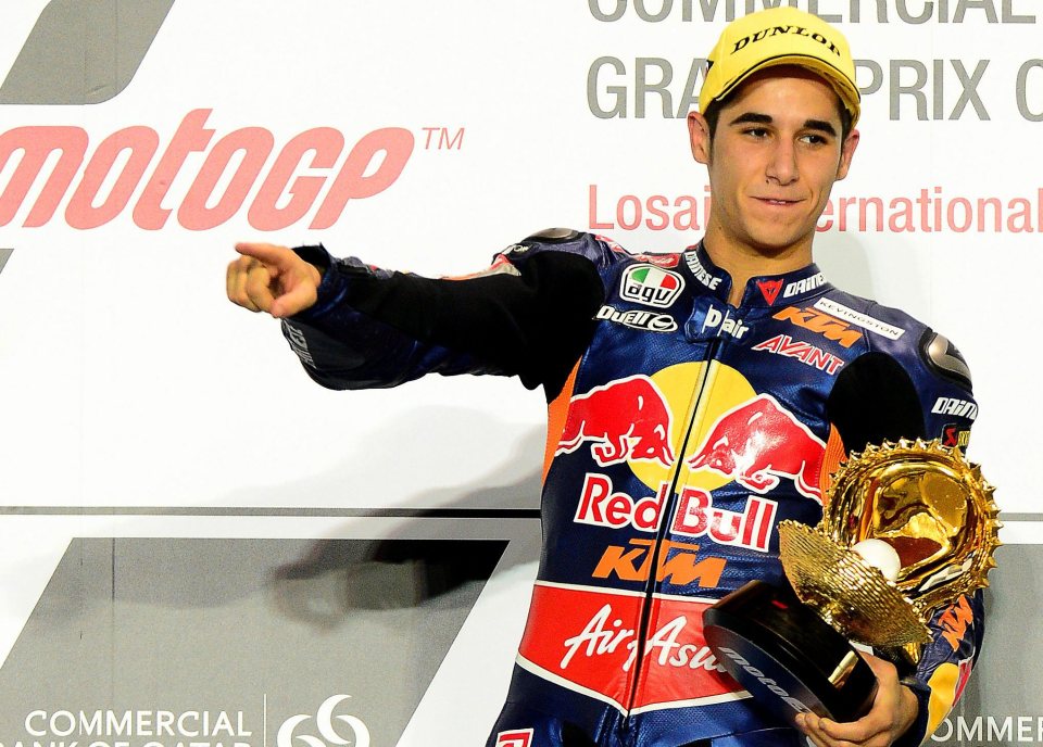 Salom celebrating winning the Moto3 race of the Motorcycling Grand Prix in Qatar
