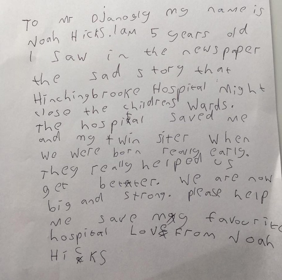 This is the letter Noah Hicks wrote to his MP in a bid to save the failing Hinchingbrooke Hospital