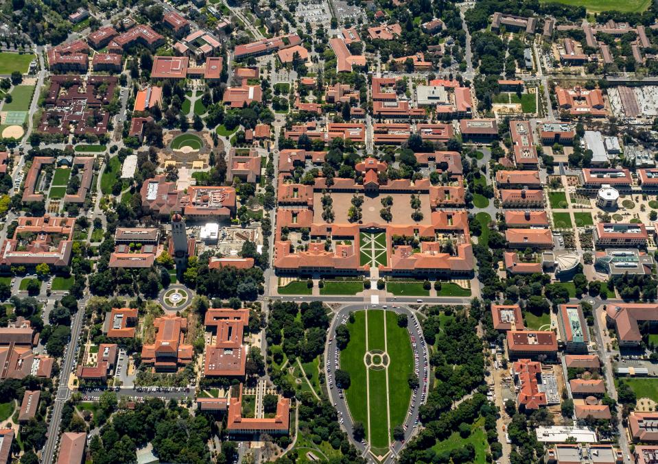 Stanford University campus Palo Alto California, Hoover Tower, campus, Silicon Valley, California, USA, aerial view,