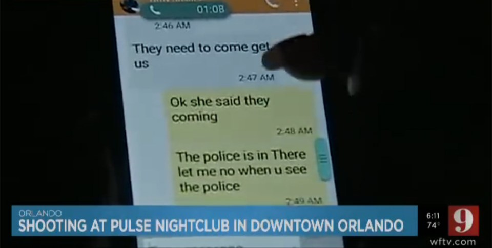 Screengrabs of a news broadcast about the Florida club shooting, showing text messages sent from one of the victims to his/her Mother.