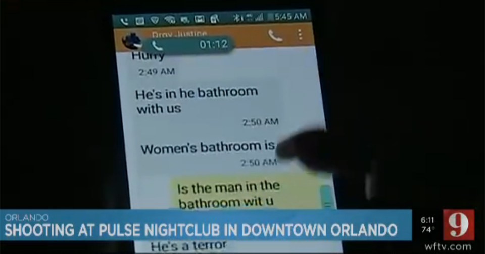 Screengrabs of a news broadcast about the Florida club shooting, showing text messages sent from one of the victims to his/her Mother.