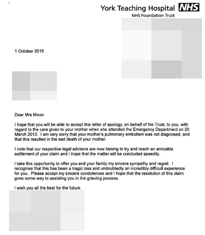 A letter apologising for the mistake by doctors was sent to Fiona from York Hospital bosses