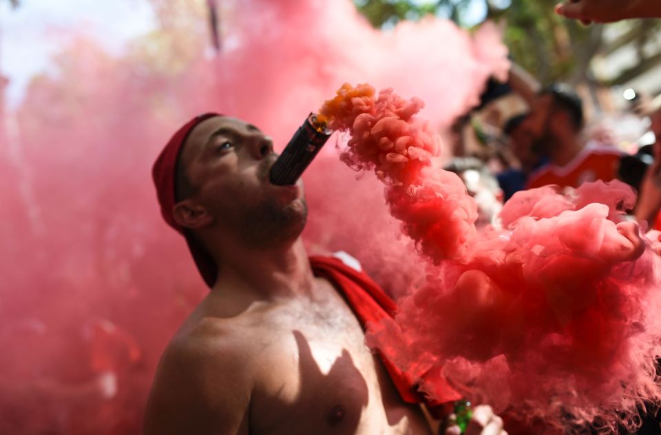 A Wales' supporter cheers with a flare i