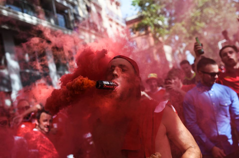 A Wales' supporter cheers with a flare i