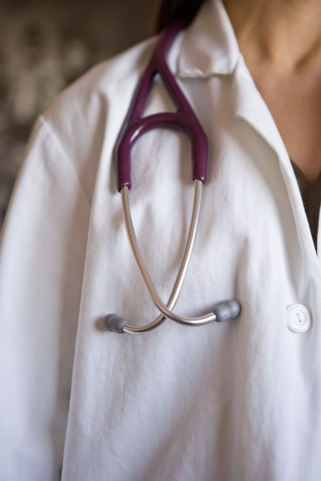 A stethoscope around a doctor's neck. Image shot 2010. Exact date unknown.