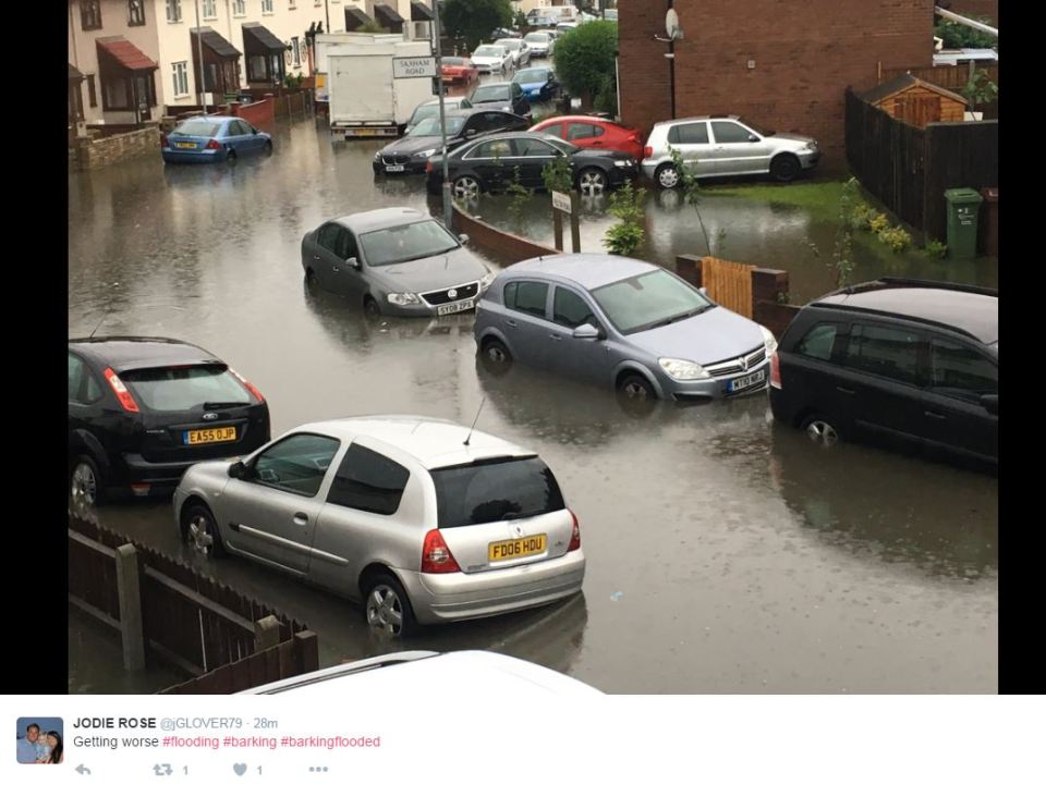 Jodie Rose tweet this picture of a street in Barking which experienced heavy flooding