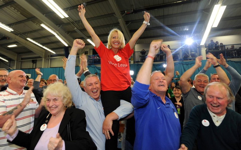 Brexit celebrate on the counting floor in Sunderland as a landside Vote to LEAVE the European Union is announced