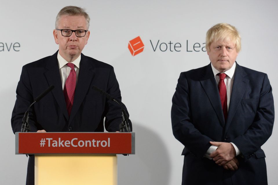 Vote Leave campaigners Michael Gove and Boris Johnson hold a press conference as Britain's Prime Minister David Cameron announced that he will quit as Prime Minister following a defeat in the referendum