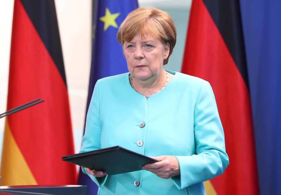 Berlin, Germany. 24th June, 2016. German Chancellor Angela Merkel delivers a statement on the results of Britain's EU referendum, at the Federal Chancellery in Berlin, Germany, 24 June 2016. In a referendum on 23 June, Britons have voted by a narrow