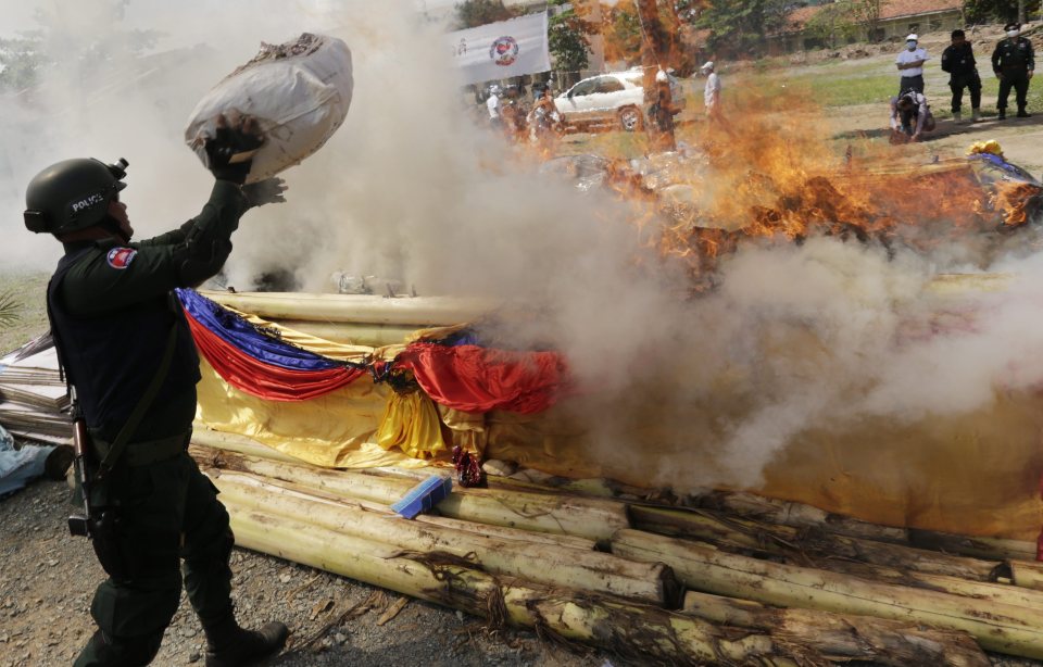 epa05391497 A Cambodian police officer throws a bag of marijuana on a fire during a drug destruction ceremony in Phnom Penh, Cambodia, 26 June 2016. The Cambodian National Authority for Combating Drugs destroyed 67.41 kg of methamphetamine, 0.345 grams of heroin, 1.5 kg of marijuana oil and 1494.85 kg of dried marijuana after they seized them from drug traffickers in 2015, in an effort to fight against drug production, distribution and drug trafficking