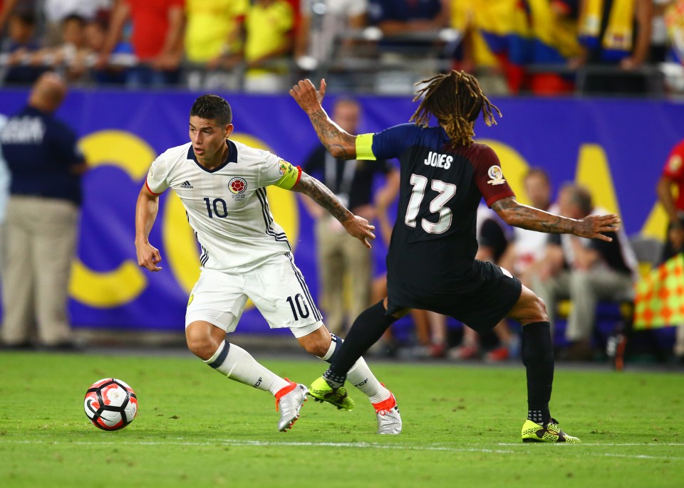 Jun 25, 2016; Glendale, AZ, USA; Colombia midfielder James Rodriguez (10) controls the ball against United States midfielder Jermaine Jones (13) during the third place match of the 2016 Copa America Centenario soccer tournament at University of Phoenix Stadium. Mandatory Credit: Mark J. Rebilas-USA TODAY Sports