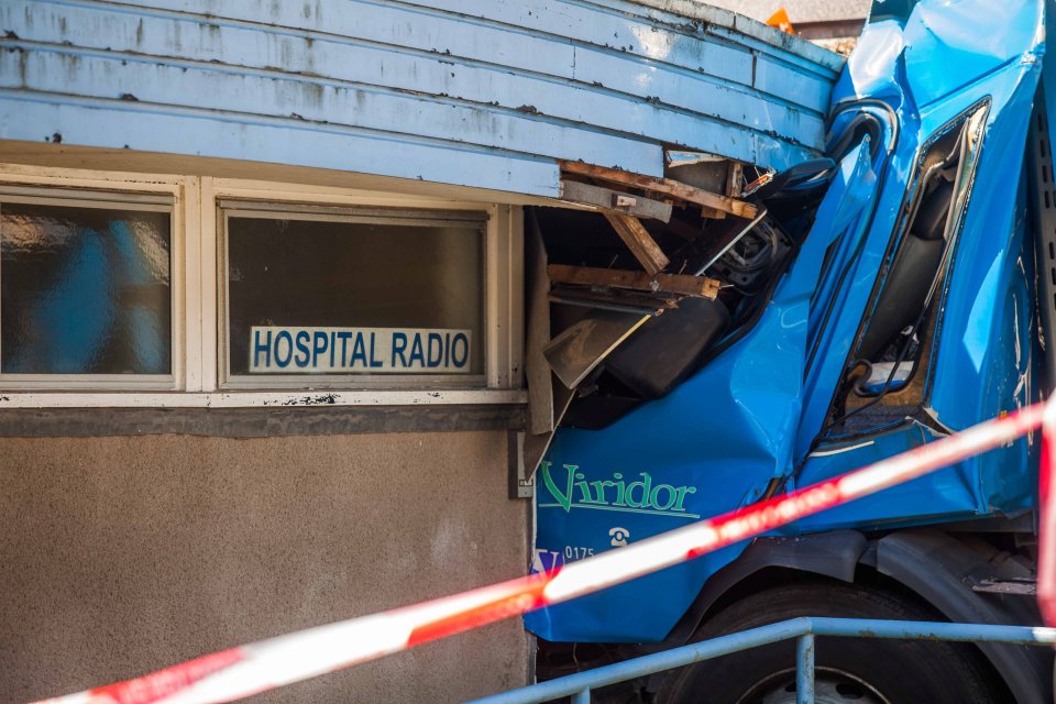 The lorry smashed into an outbuilding that housed its radio station at the Derriford Hospital in Plymouth