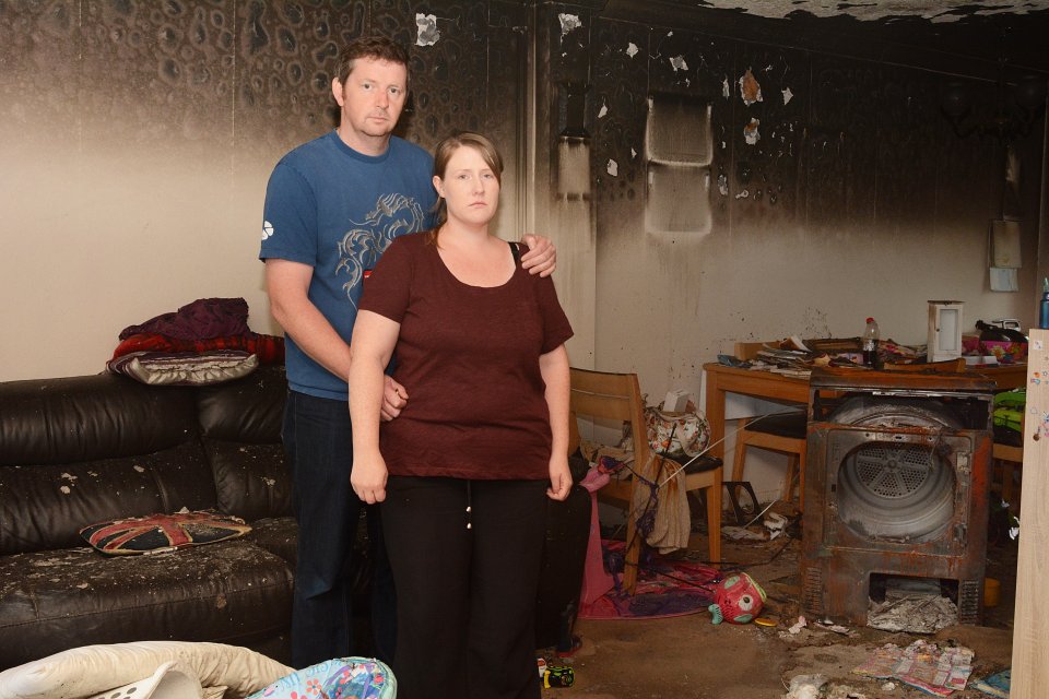 Devastation: Caitriona and Darren's family home was gutted by fire when their tumble dryer exploded while their kids were in the house