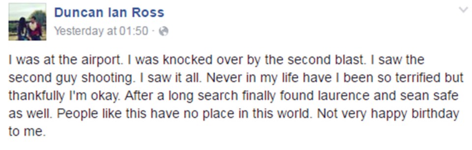 He posted a message on Facebook when he got home to let friends and family know he was ok