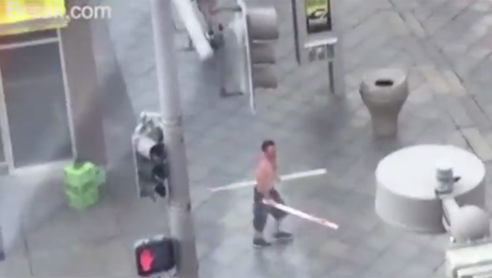 He then breaks the pipe in two with seemingly very little effort