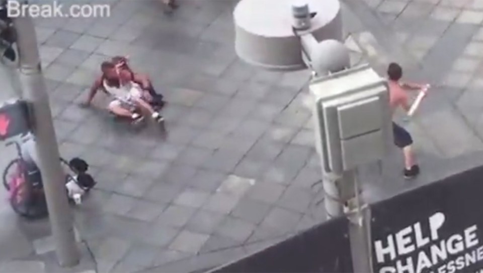 Eventually, he is able to get up and run away from the attacker
