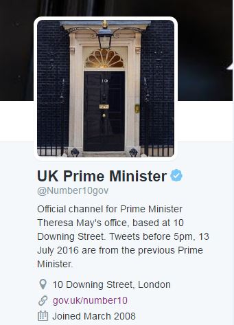 The Twitter handle @Number10gov was quick to change its description to that of being the official channel for new Prime Minister Theresa May