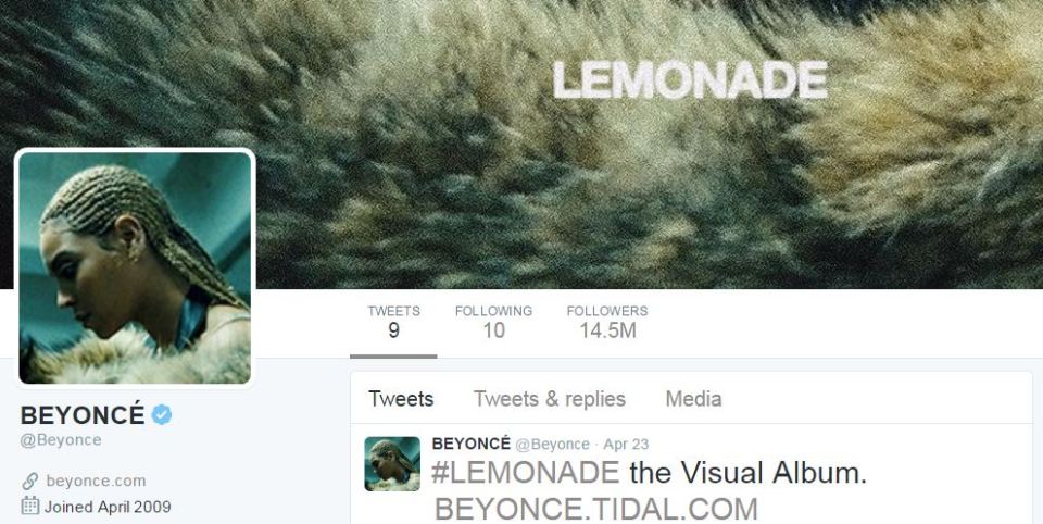 Twitter's 'blue tick' can be seen here on Beyonce's official account