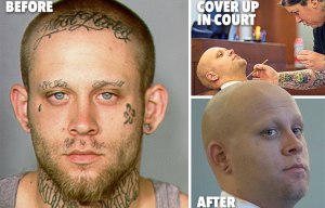 Neo-Nazi looks unrecognisable after he is forced to have ink covered up for robbery trial
