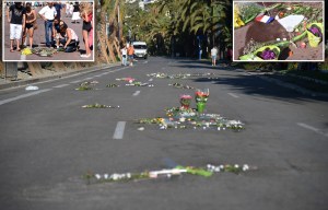 Residents cover bloodstains on Nice promenade with bunches of flowers in poignant tribute to 84 who…
