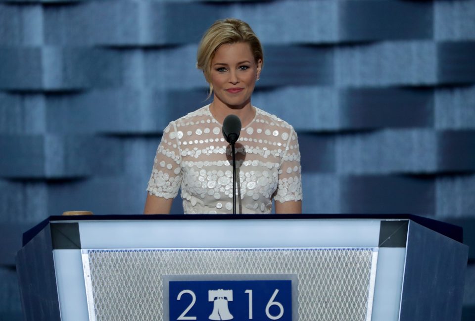 PHILADELPHIA, PA - JULY 26: Actress Elizabeth Banks delivers remarks during the second day of the Democratic National Convention at the Wells Fargo Center, July 26, 2016 in Philadelphia, Pennsylvania. Democratic presidential candidate Hillary Clinton received the number of votes needed to secure the party's nomination. An estimated 50,000 people are expected in Philadelphia, including hundreds of protesters and members of the media. The four-day Democratic National Convention kicked off July 25. (Photo by Alex Wong/Getty Images)