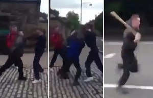 Shocking moment gang including a baseball bat-wielding thug have mass brawl in quiet Glasgow street