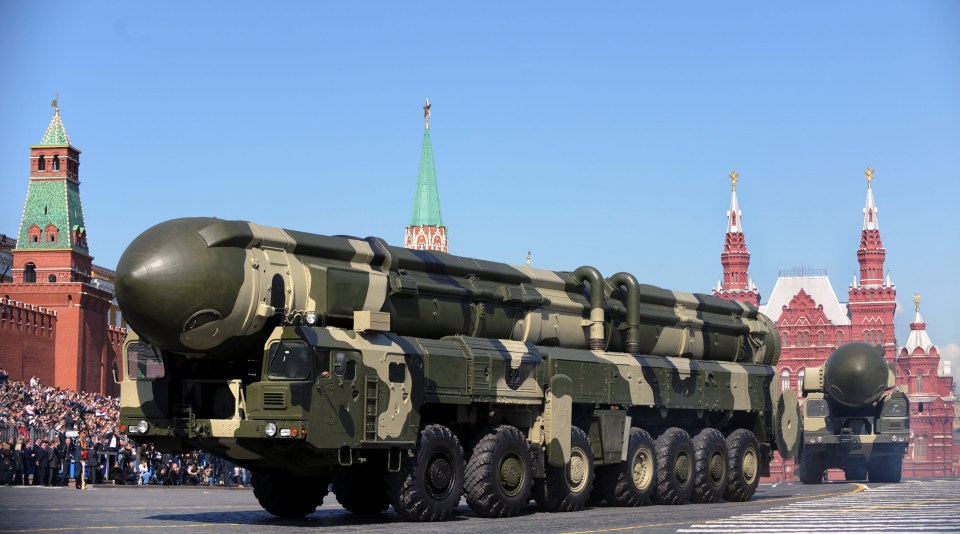 A Russian Topol-M intercontinental ballistic missile drives through Red Square
