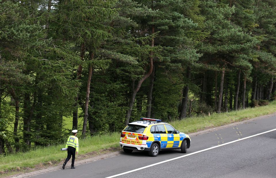 A police car sits near to Junction 9 of the M9 after a car was discovered