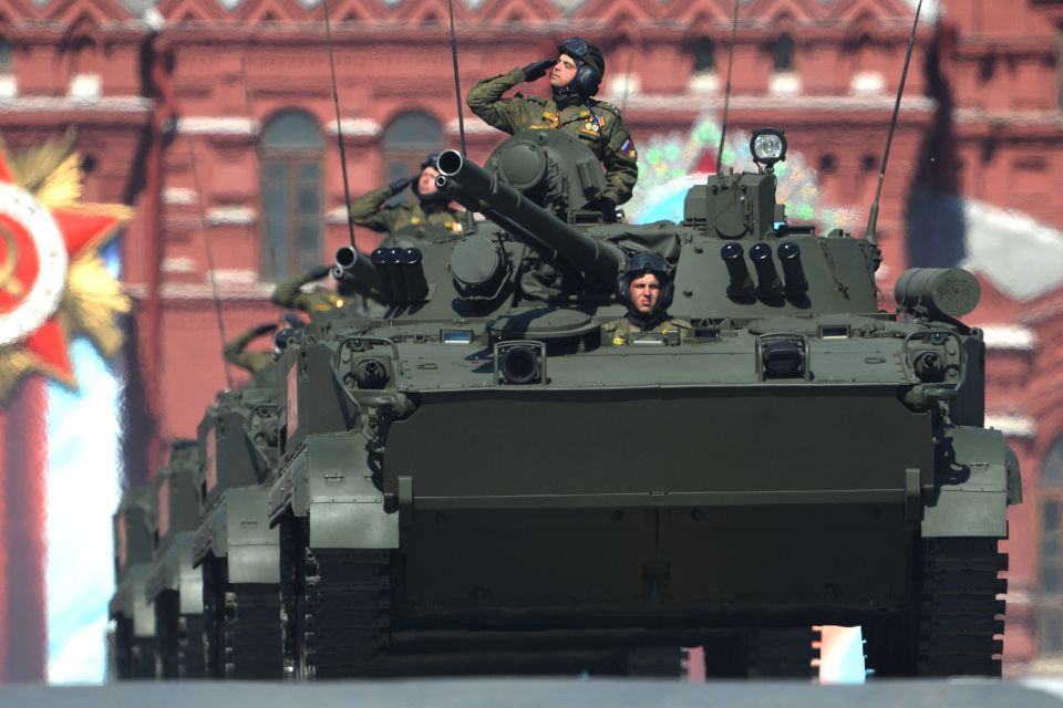 Russian BMP-3 infantry fighting vehicles roll at Red Square, Moscow